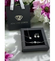 925 Ayar Gümüş Pırlanta Kalp Model Kadın 3 lü Set Bileklik Kolye Küpe (Beyaz)