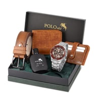 Polo Air Hediyelik Kutusunda Erkek Set Kombin Kemer Cüzdan Kartlık Parfüm Kol Saati Set PL-0971E (Taba)