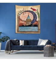 Galata Kulesi İstanbul Temalı Yıkanabilir Leke Tutmaz Kumaş Duvar Örtüsü Duvar Halısı Tapestry (Çok Renkli)