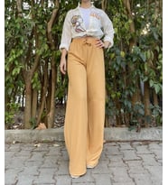 Betimoda Kadın Beli Lastikli Bol Paça Oversize Bürümcük Kumaş Uzun Pantolon BM.Kdn  (Hardal)