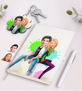 BK Gift Kişiye Özel Sevgililer Karikatürlü Siyah Defter Kalem Ve Anahtarlık Hediye Seti-35 (Model 2)