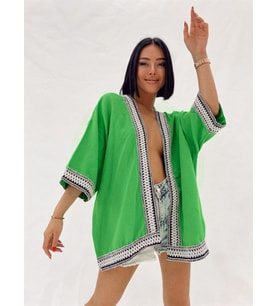 Kadın Kısa Kol Nakış İşlemeli Keten Kimono (Yeşil)