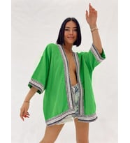 Kadın Kısa Kol Nakış İşlemeli Keten Kimono (Yeşil)