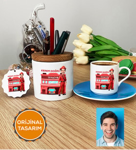 Kişiye Özel Karikatürlü İtfaiyeci  Hediye Seti Türk Kahvesi Fincanı, Kalemlik, Anahtarlık Erkek İtfaiyeciye Hediye (Mavi)