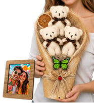 Premium Tasarım Ahşap Fotoğraf Çerçeveli Büyük Boy Krem Peluş Ayıcık Buketi