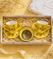 El Yapımı Kütahya 2li Çini Fincan Ve İkramlık Kase (Sarı)