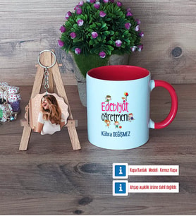 Edebiyat Öğretmeni Kupa Bardak Beyaz ve Fotoğraflı Ahşap Anahtarlık Hediye (Model 2)
