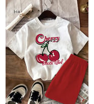 AMOR MAN ÖZEL TASARIM CHERRY BASKILI ULTRA RAHAT YENİ TREND KADIN T-SHIRT ŞORT TAKIMI (Beyaz)
