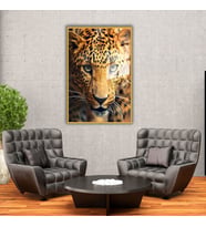 Metal Çerçeveli Temperli Cam Tablo Yakın Çekim Leopar (Gold)