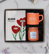 Kişiye Özel  Nescafe Fincanı, Tükenmez Kalem,Kokulu Cam Mum, Defter Hediye Seti (Turuncu)