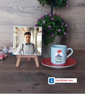 Askere Hediye Fotoğraflı Dekoratif Taş, Ahşap Altlıklı Türk Kahvesi Fincanı Hediye (Model 8)
