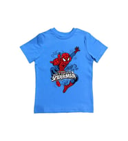 Spiderman baskılı örümcek adam pamuklu penye kumaş yazlık çocuk tişört (Mavi)