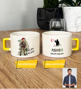 Kişiye Özel Karikatürlü Asker Lüks Fincan Askere Hediye Asker Sevgiliye Hediye (Sarı)