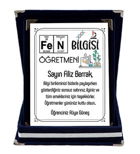 Fen Bilgisi Öğretmenine Hediye İsim Baskılı Plaket - Öğretmenler Günü Hediyesi (Lacivert)