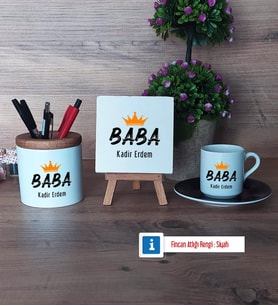 Babalar Günü Hediyesi Hediye Seti Dekoratif Taş, Kalemlik, Ahşap Altlıklı Türk Kahvesi Fincanı HediyeBabaya Hediye (Model 7)