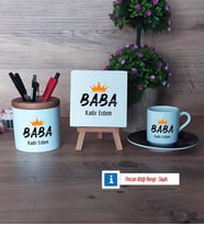 Babalar Günü Hediyesi Hediye Seti Dekoratif Taş, Kalemlik, Ahşap Altlıklı Türk Kahvesi Fincanı HediyeBabaya Hediye (Model 7)