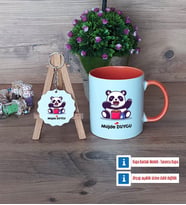 Sevimli Panda Kupa Bardak Kırmızı ve Ahşap Anahtarlık Hediye (Model 12)