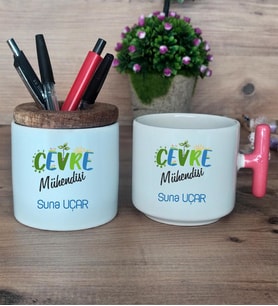 Çevre Mühendisi Hediye Sepeti Kupa Bardak T Kulplu, Kalemlik Hediyeleri Mühendisler Günü Hediyesi (Model 4)