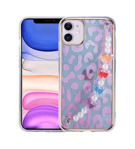 Apple iPhone 12 Kılıf Pilla Renkli Kalp Desenli Tutacak Kılıf (Pembe)