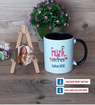 Müzik Öğretmeni Kupa Bardak Beyaz ve Fotoğraflı Ahşap Anahtarlık Hediye (Model 11)