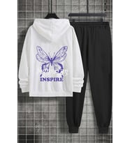 Unisex Butterfly & Letter Graphic Baskılı Eşofman Takımı (A.Beyaz)