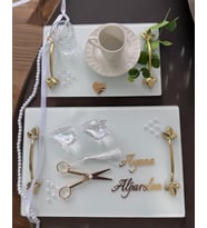Adore Gold Beyaz İncili Söz Tepsisi Nişan Tepsisi ve Damat Kahve Fincan Tepsisi (Mor)