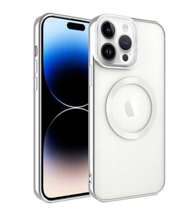 Apple iPhone 14 Pro Max Kılıf Magsafe Köşeleri Renkli Lüx Şeffaf Kamera Korumalı Silikon Kapak (Gümüş)