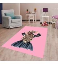 Prensesli Halı Dijital Baskı Yıkanabilir Kaymaz Taban Vintage Çocuk Odası Halısı (Pembe-Mavi)