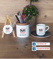 Diyaliz Teknisyeni Hediye Sepeti Kalemlik, Türk Kahvesi Fincanı Kırmızı, Ahşap Anahtarlık Hediye Diyaliz Teknisyenine Hediye (Model 5)