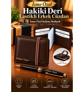 HKY İsme Özel Hakiki Deri Lastikli Erkek Cüzdan / İsme Özel Kalem Hediyeli (Kahverengi)