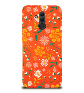 Huawei Mate 20 Lite Uyumlu Lansman Kılıf Çiçek Tasarımlı İçi Kadife  Kapak (Turuncu)