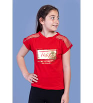 Toontoy Kız Çocuk Omuzu Tül Detaylı Varak Baskılı Tişört (Kırmızı)