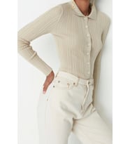 Kadın Modern Tarz Slim Polo Yaka Regular Triko Hırka (Taş)