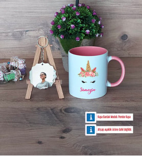 Unicorn Kupa Bardak Beyaz ve Fotoğraflı Ahşap Anahtarlık Hediye (Model 6)