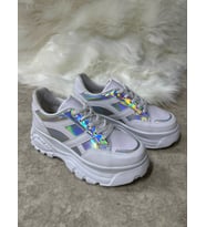 Günlük Kadın Sneaker Yüksek Taban Bağcıklı Tiger Şeritli Spor Ayakkabı 032 (Beyaz-Gri)