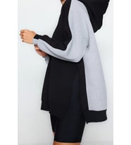 Tarz Oversize Kapüşonlu Düşük Kol Uzun Geniş Kalıp İçi Polarlı Örme Spor Sweatshirt (Gri-Melanj)