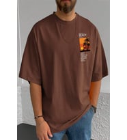 Erkek Beach Baskılı Oversize Tshirt (Kahverengi)