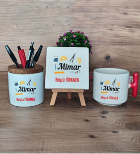 Mimar Hediye Sepeti Kupa Bardak T Kulplu, Kalemlik ve Dekoratif Taş Mimarlar Günü Hediyesi (Model 1)