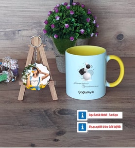 Geometri Öğretmeni Kupa Bardak Beyaz ve Fotoğraflı Ahşap Anahtarlık Hediye (Model 7)