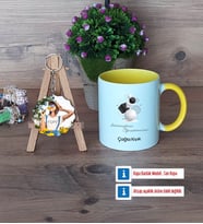 Geometri Öğretmeni Kupa Bardak Beyaz ve Fotoğraflı Ahşap Anahtarlık Hediye (Model 7)