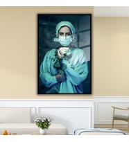 Metal Çerçeveli Cam Poliklinik Tablosu Çiçekli Sağlık Çalışanı (Siyah)