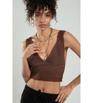 Sifu Tekstil Kadın Özel Sprey Boyamalı V Yakalı Spor Triko Atlet Büstiyer Crop Top Bluz SFYZ1013 (Kahverengi)
