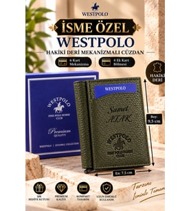 Westpolo Hakiki Deri İsme Özel Erkek Mekanizmalı Cüzdan (Haki)