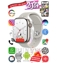 Huawei P50 Pro Uyumlu Akıllı Saat Watch 9 Max+2024 45mm Kordon Hediyeli Amoled Ekran (Krem)