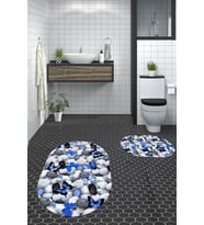 EVDEYA 3D Dijital Yıkanabilir Kelebek Desen İkili Banyo Halısı Paspas Oval Klozet Takımı, OKLOZET-44-KAHVE, (Mavi)