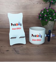 Psikolog Hediye Sepeti Kupa Bardak T Kulplu ve Ahşap Telefon Standı Psikoloğa Hediye (Model 2)