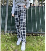 Kadın Pamuklu Ekose Desenli Pijama Altı Eşofman Kurdeleli Beyaz Lacivert Kare (Siyah Beyaz)