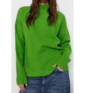 Stil Modern Kadın Regular Reglan Kol Dik Yaka Geniş Kalıp Yumuşak Dokulu Basic Triko Kazak (Yeşil)
