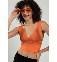 Sifu Tekstil Kadın Özel Sprey Boyamalı V Yakalı Spor Triko Atlet Büstiyer Crop Top Bluz SFYZ1013 (Turuncu)