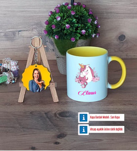Unicorn Kupa Bardak Beyaz ve Fotoğraflı Ahşap Anahtarlık Hediye (Model 7)